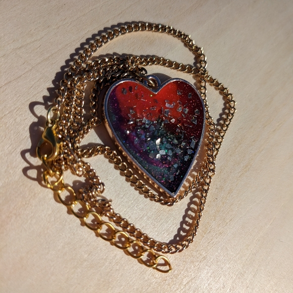Heart Necklace Handmade Sparkly Gift Glass Glitter Resin Art Purple Gold - Picture 7 of 9